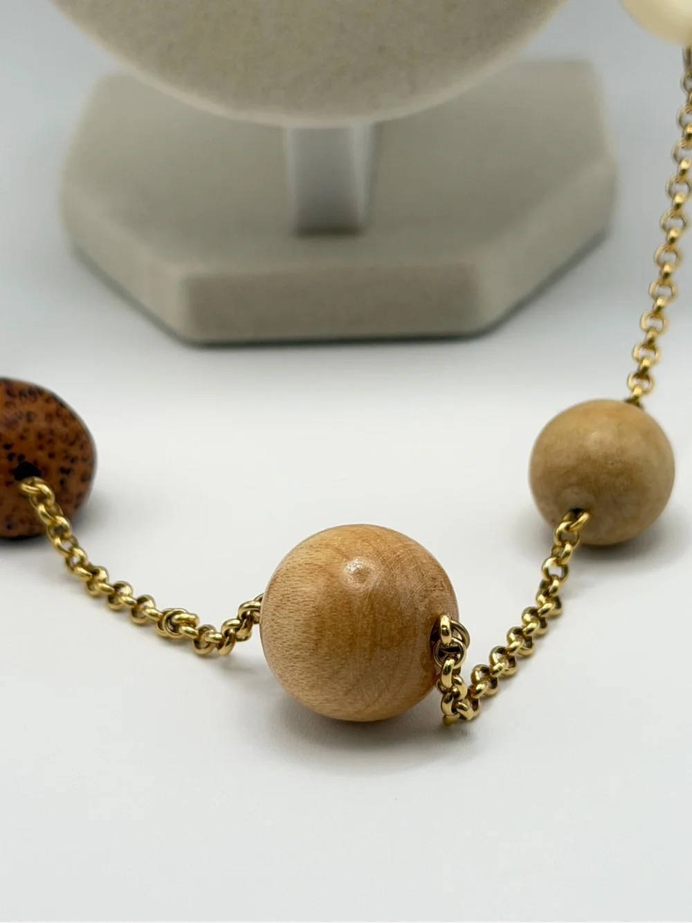 Gold-Tone Chain Necklace with Natural Brown & Cream Wood Accents